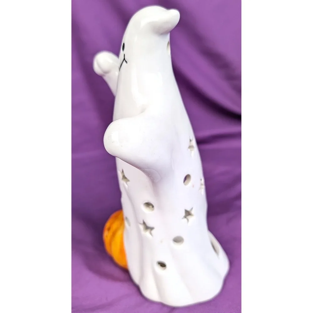 Vintage Ceramic Ghost Pumpkin Jack O Lantern Tea Light Holder Stars Moons